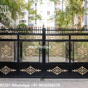 House Entrance Gate Design, Compound Wall Sliding Gate Design Main Gate Lighting In Outdoor