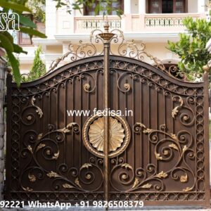 Cast Iron Gate Design, Iron Gate Design Double Door Main Gate Lighting In Outdoor