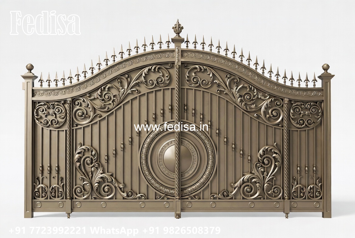 Steel Ke Gate Ki Design, Curved Sliding Gate Design Main Gate Lighting In Outdoor