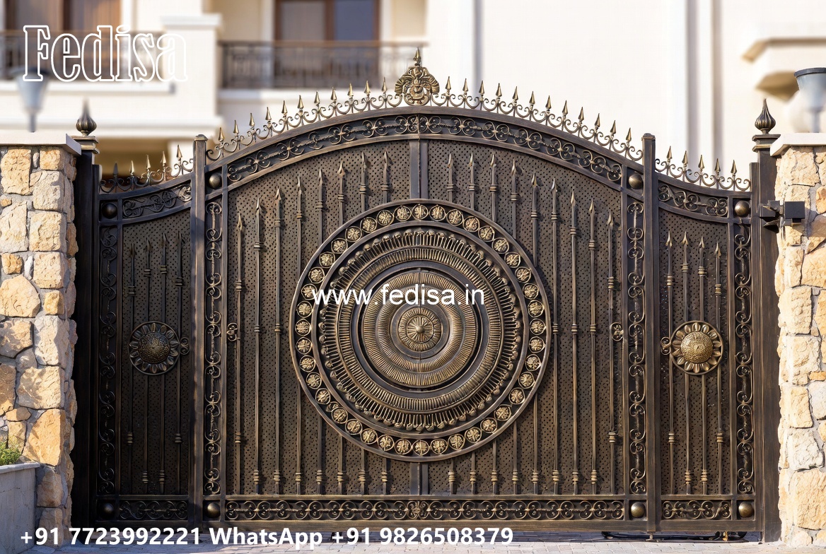 Steel Ke Gate Ki Design, Gate Grey Colour Main Gate Lighting In Outdoor