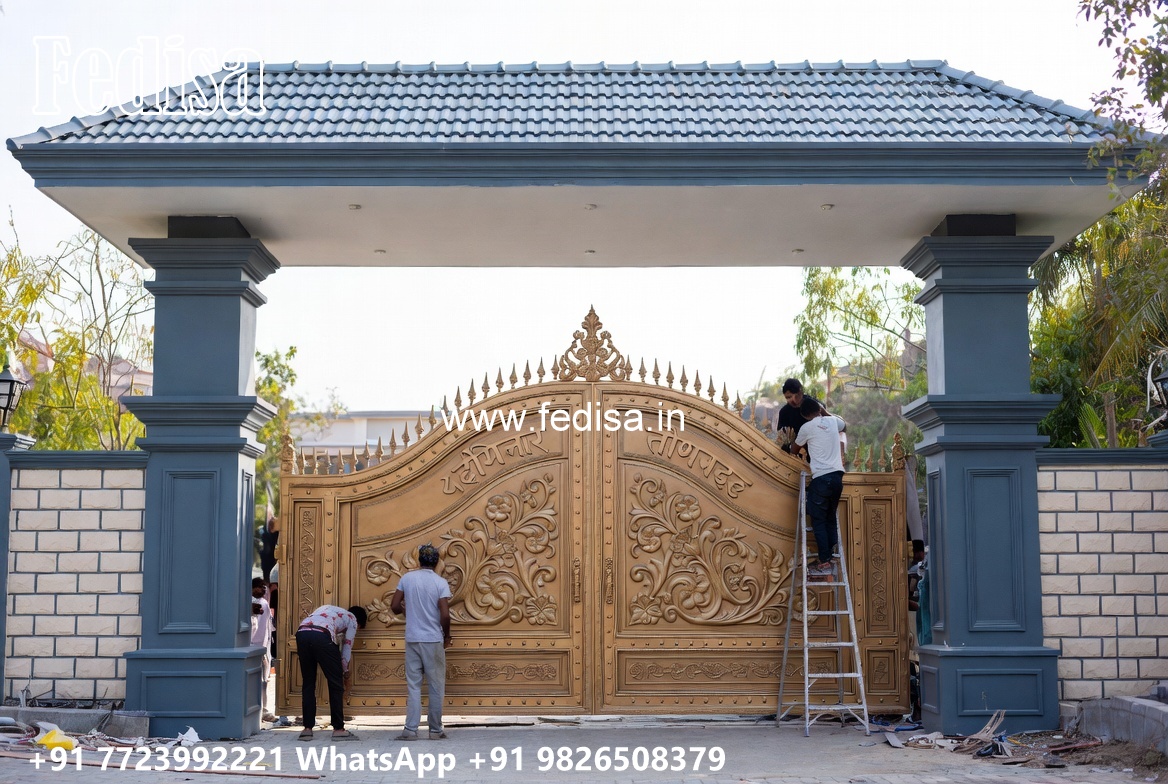 Front Steel Gate Design, Compound Wall Gate Design Main Gate Lighting In Outdoor