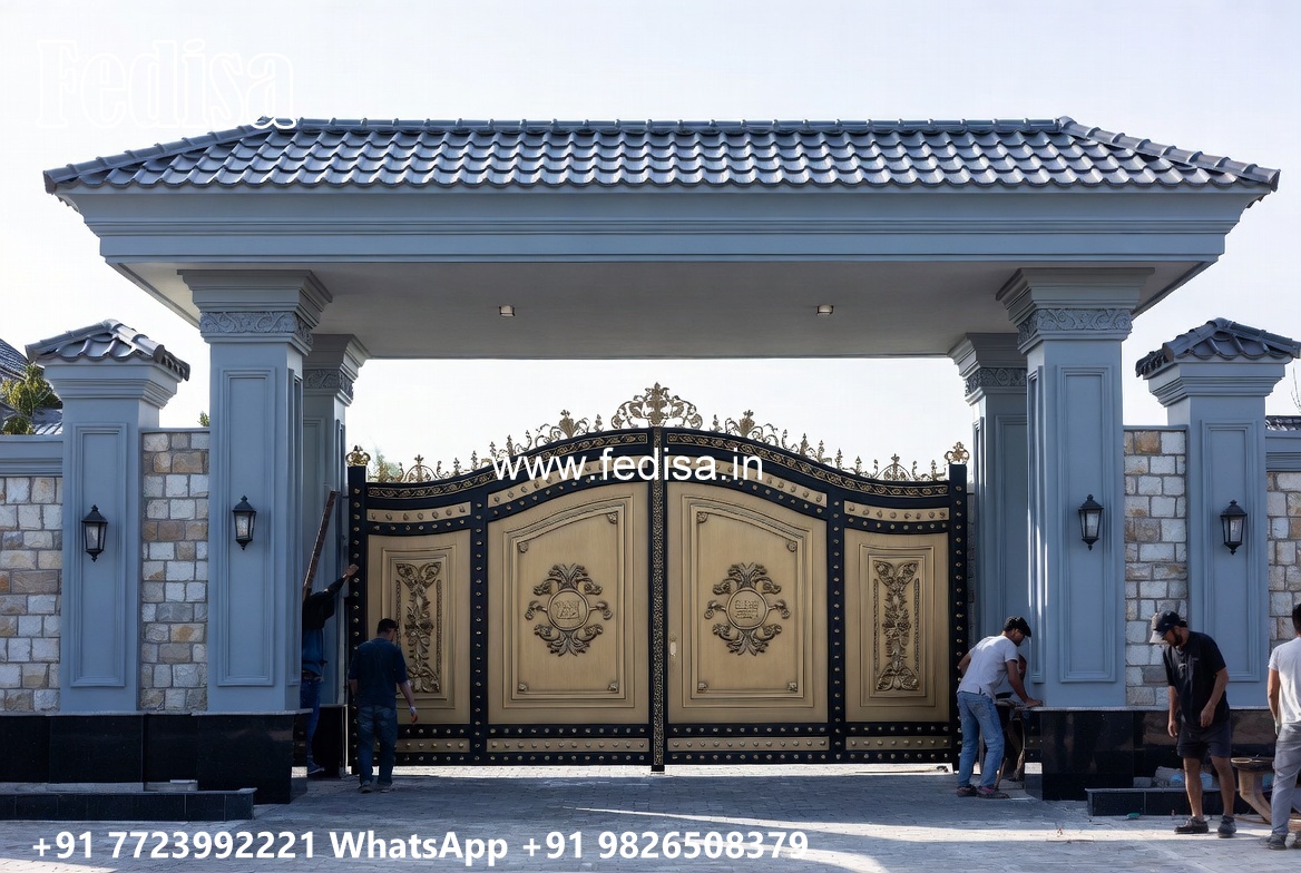 Front Steel Gate Design, Iron Fence Designs Main Gate Lighting In Outdoor